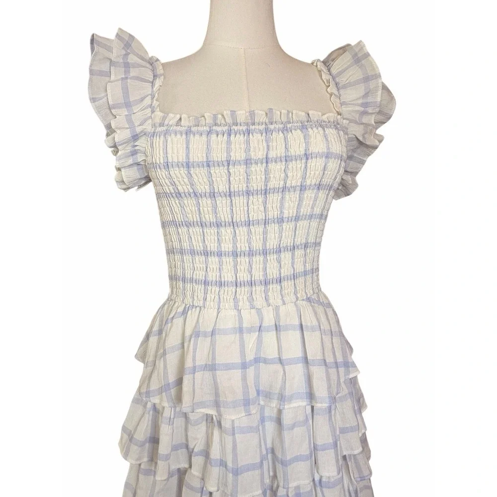 Storia Adelynn Ruffle Midi Dress S Blue White Plaid Smocked Cottagecore Prairie - Picture 2 of 11